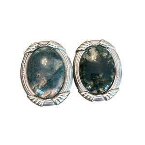 Vintage Moss Agate Sterling Silver 925 Signed Artist Clip On Earrings 25.5g 2in
